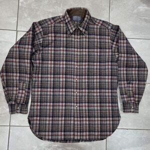 Pendleton Brown and Red Plaid Wool Button-Down Shirt